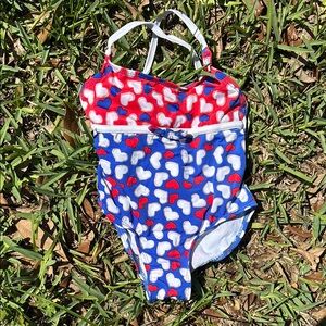 Girls Heart Patterned Swimsuit - Red, white and Blue